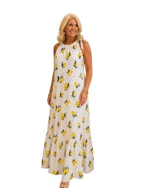 White Lemon-Print Sleeveless Maxi Dress Size XL